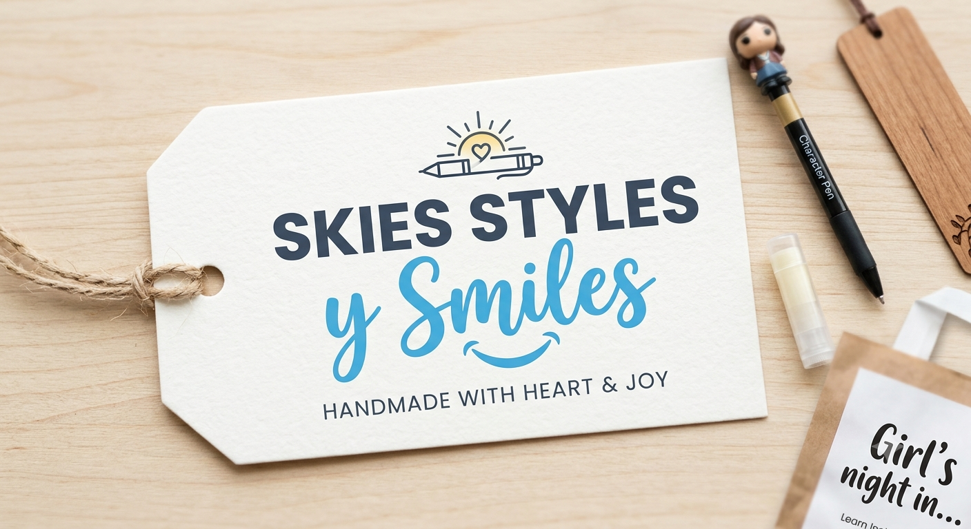 Handmade Skies Styles y Smiles gift tag with a character pen, lip balm and gift bag